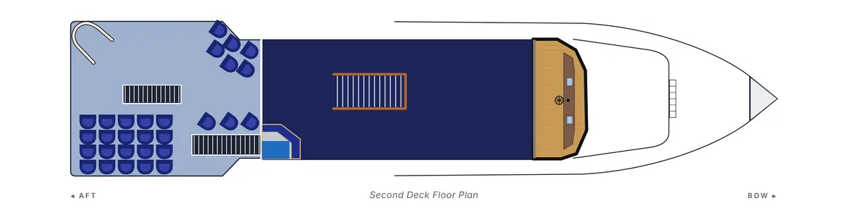 Second deck floor plan of Yankee Lady showing the open aft deck with ceremony seating and arch, the enclosed salon with central stairs and bar, and the wheelhouse.