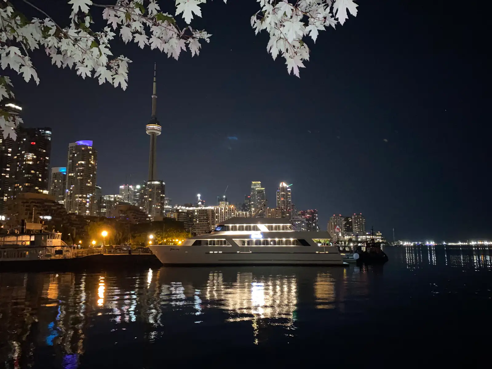 Yankee Lady docked beneath the Toronto skyline at night