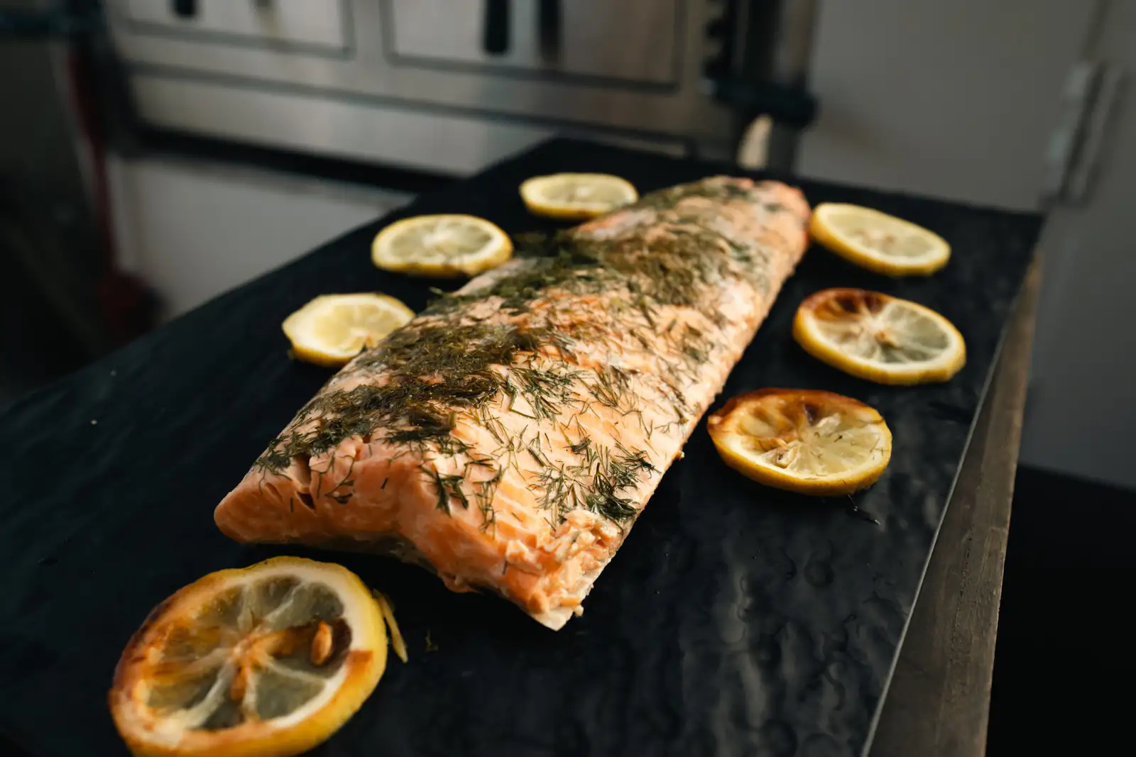 Freshly grilled salmon prepared aboard