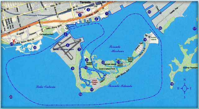 Cruise route map of Toronto Harbour showing points of interest and route we normally cruise around the Toronto Islands. 