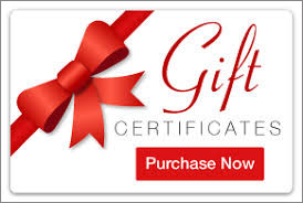 Gift certificate button with red bow and purchase now text.