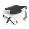 Grad hat and diploma scroll in black and white.