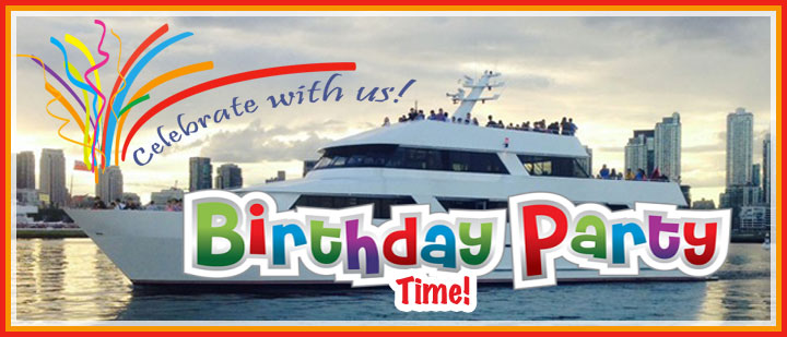 Birthday party banner with Toronto skyline and cruise ship for background.