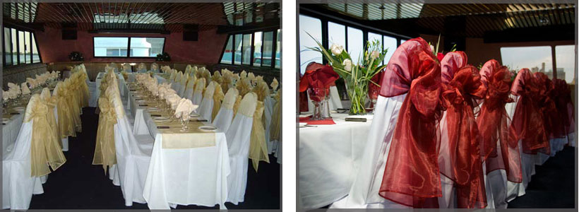 Collage of chair covers for weddings with gold on the left and rd on the right.
