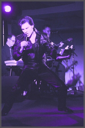 Elvis impersonator James Begley doing his thing in purple overlay of image.