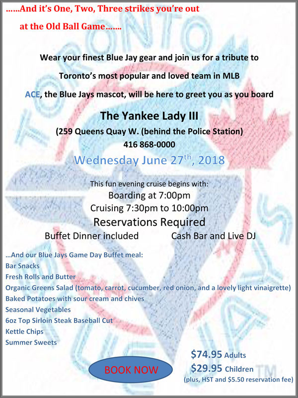 Blue jays baseball theme cruise flyer with cruise deatils.