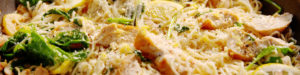 Background image of chicken and pasta with fresh basil and parmesan cheese.