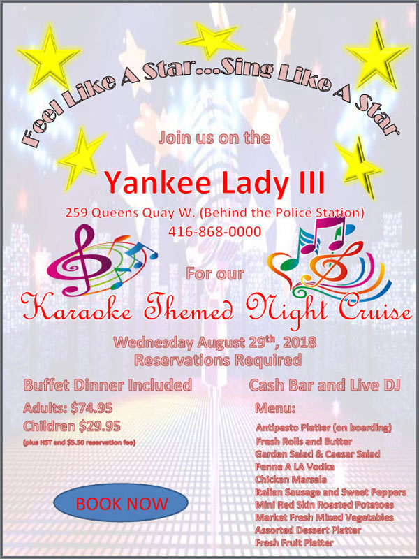 Flyer for our karaoke theme cruise with cruise details and graphics.