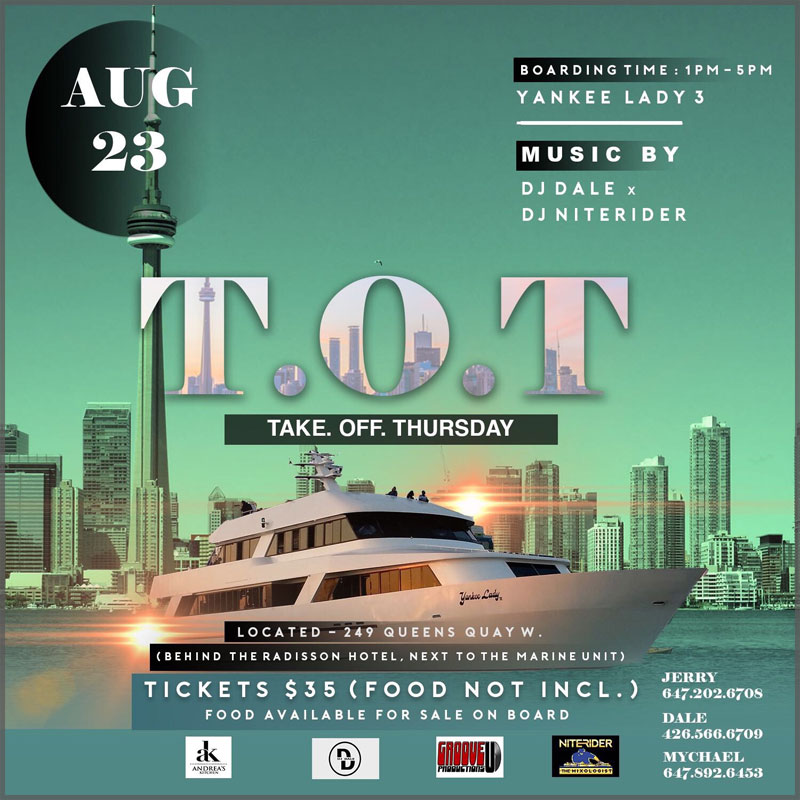 Flyer for the take off Thursday cruise of the Toronto Harbour.