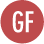 Round gluten free icon with red circle and white letters GF.