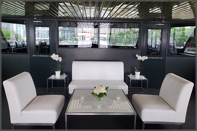 Corporate cruises with rental sofas in bright green vinyl.