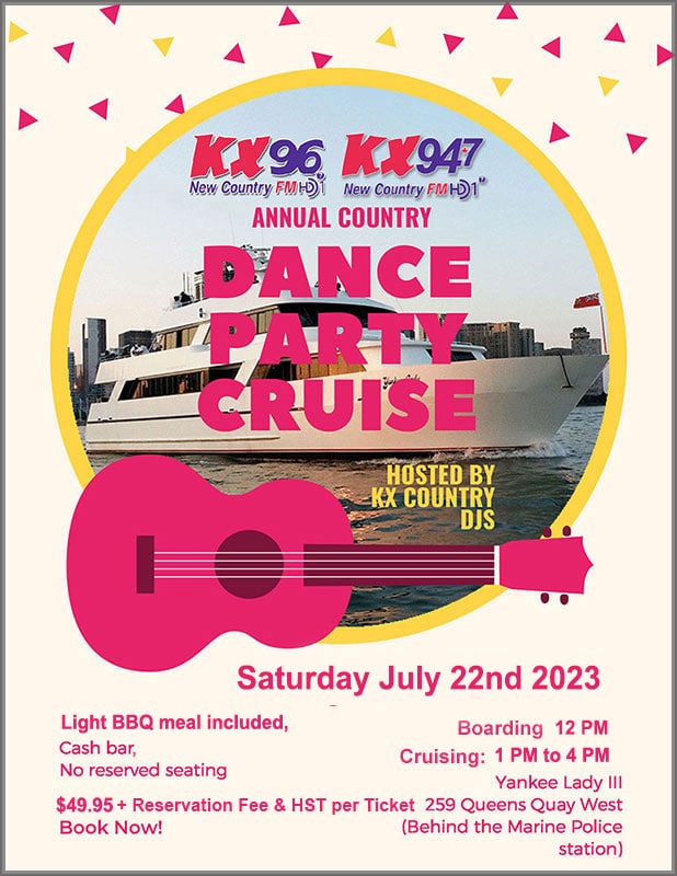 Flyer for the KX radio country party on July 5th.